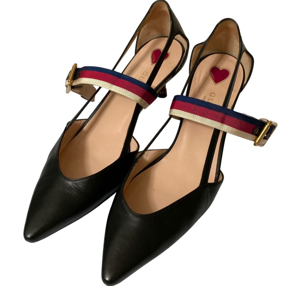 美品 GUCCI グッチ ストラップバンビーヒールパンプス 36 約23cm相当 ブラック レディース 古着  USED