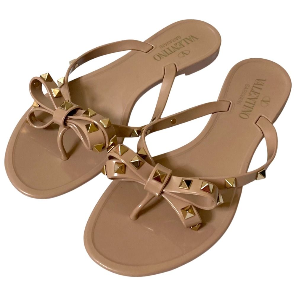 VALENTINO GARAVANI ヴァレンティノガラヴァーニ ロックスタッズ リボン ラバーサンダル サイズ37 24cm相当 ピンクベージュ レディース 古着