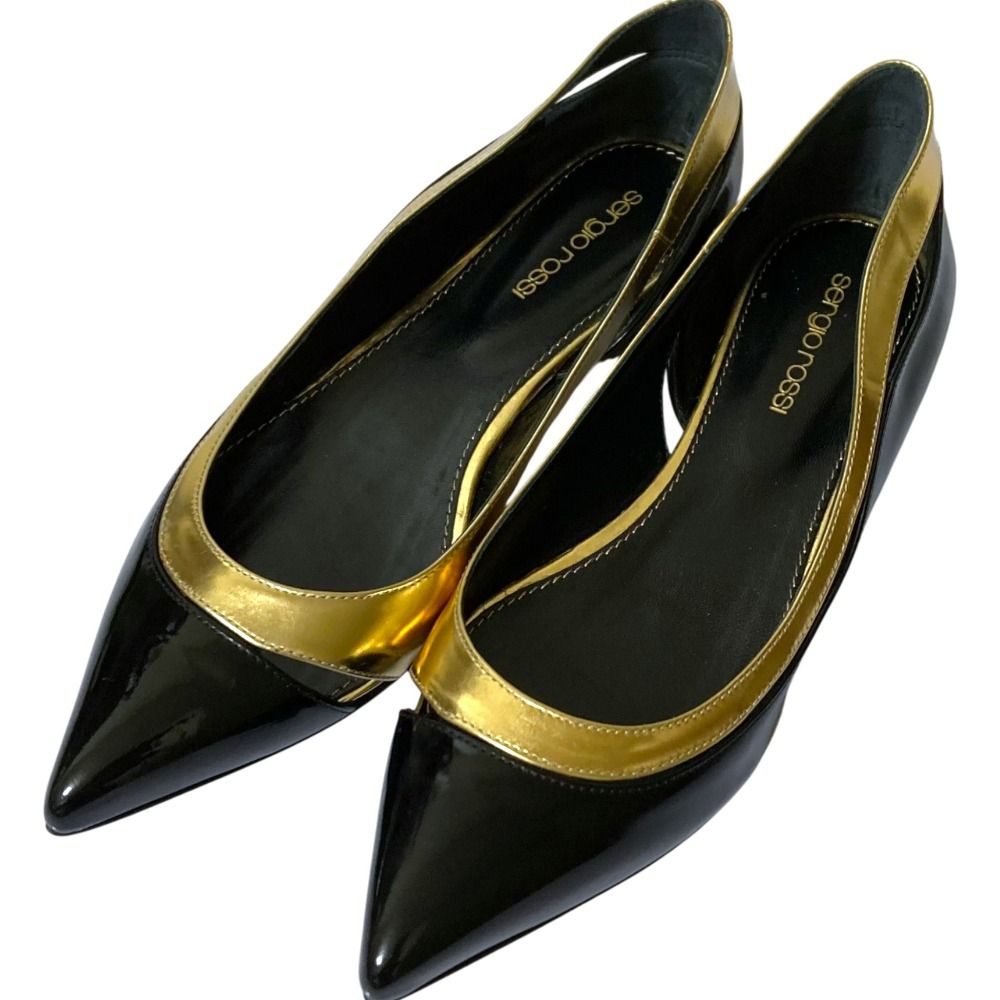 Sergio Rossi セルジオロッシ バイ フラットシューズ フラットパンプス 37 約24cm相当 ブラック ゴールド レディース 古着