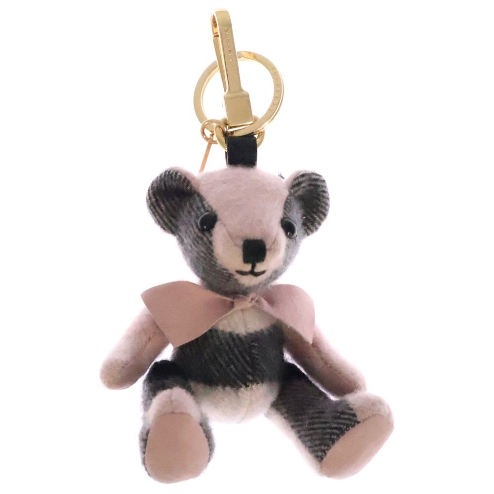 BURBERRY バーバリー ノバチェック総柄 ウール テディベア キーリング キーホルダー ゴールド金具 ピンク ブラック