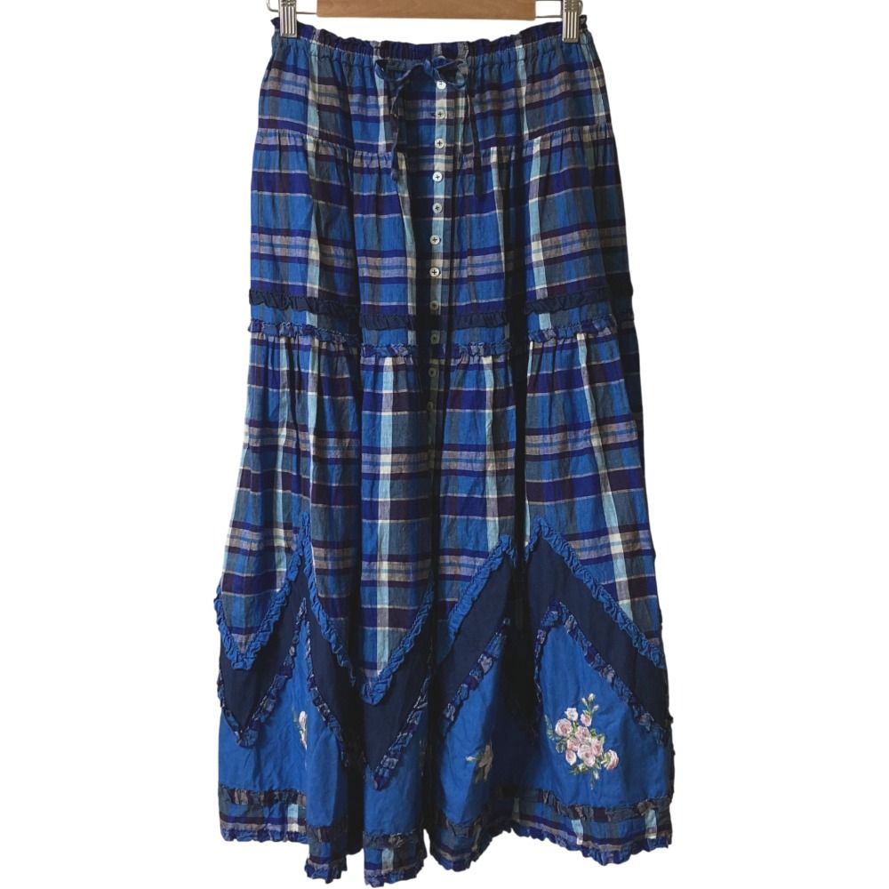PINK HOUSE ピンクハウス マドラスチェック ブーケ刺繍 リネン ティアードスカート ブルー レディース 古着