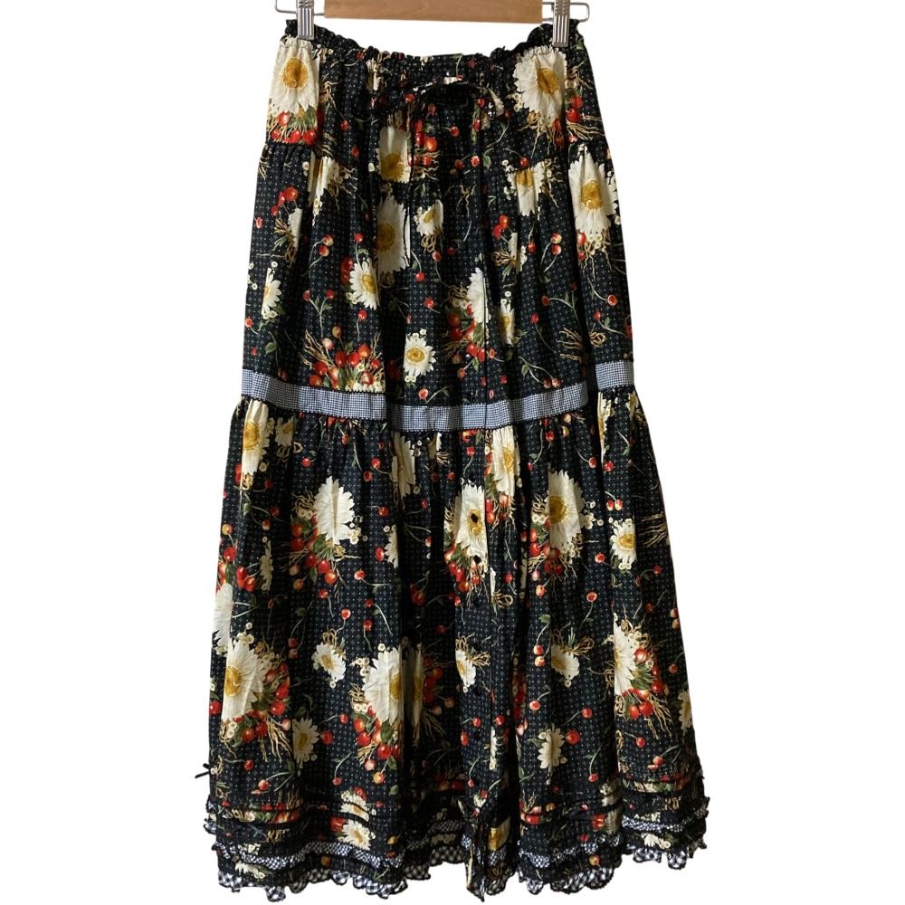 PINK HOUSE ピンクハウス 雛菊とさくらんぼ ロングフ スカート ブラック レディース 古着