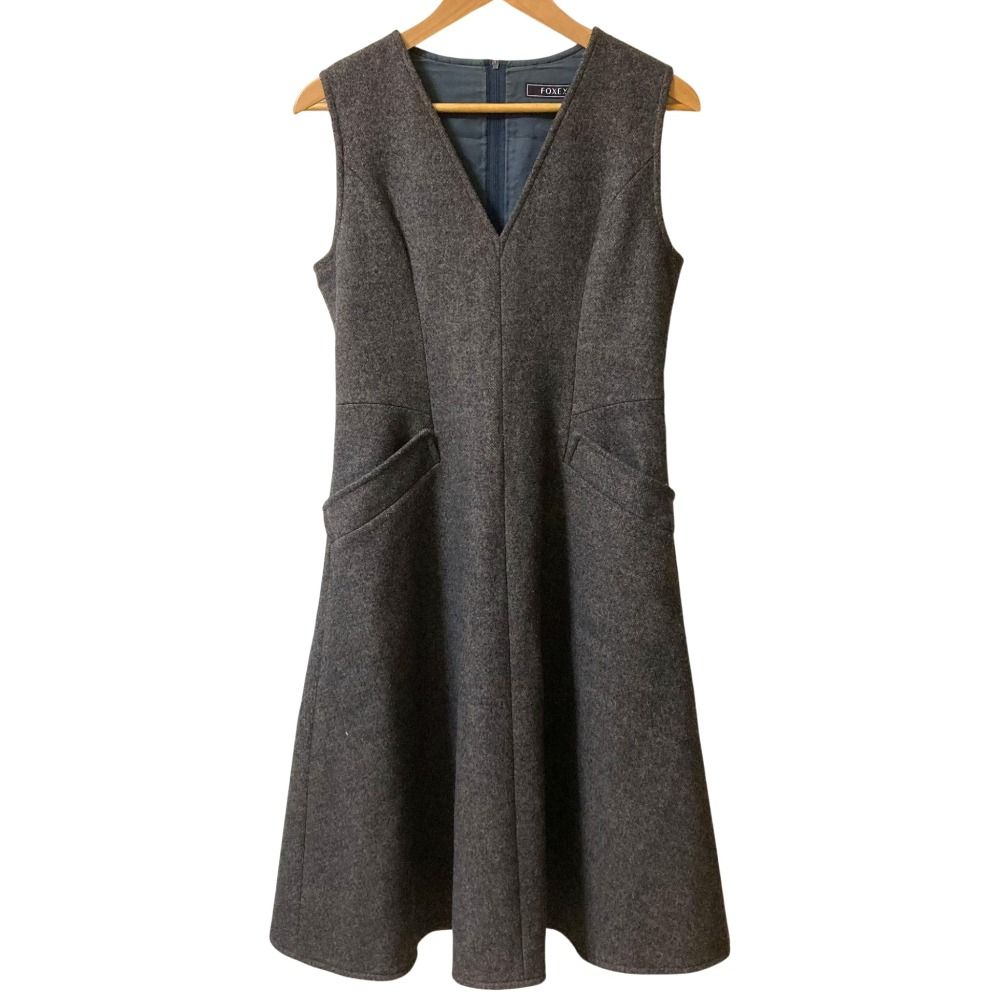 FOXEY フォクシー ノースリーブ Vネック ウールワンピース 39185 サイズ40 ブラウン レディース 古着