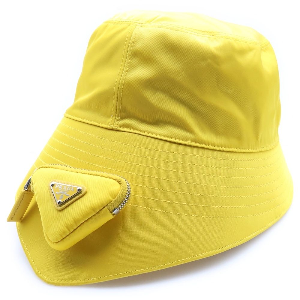 PRADA プラダ Re-Nylon トライアングルロゴ ミニポーチ付 ナイロンバケットハット イエロー 2HC282 2DMI