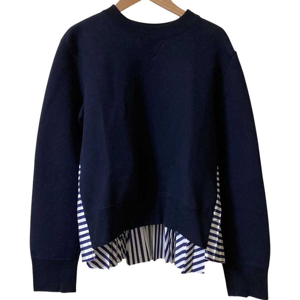 sacai サカイ 定番モデル Sponge Sweat x Cotton Poplin Pullover SCW-232 AD2025 サイズ2 ネイビー×ネイビーストライプ レディース 古着