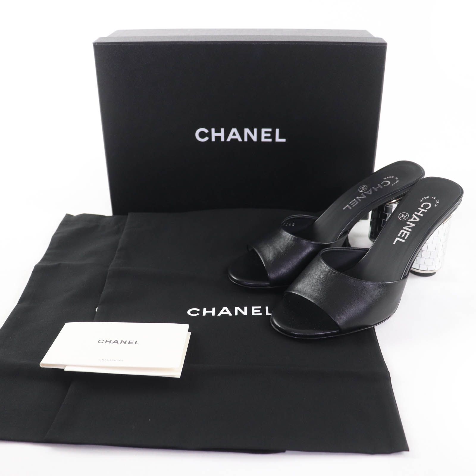 CHANEL シャネル G45358 ココマーク ミラーヒール レザー サンダル ミュール ブラック シルバー 37 箱 保存袋付き イタリア製 レディース