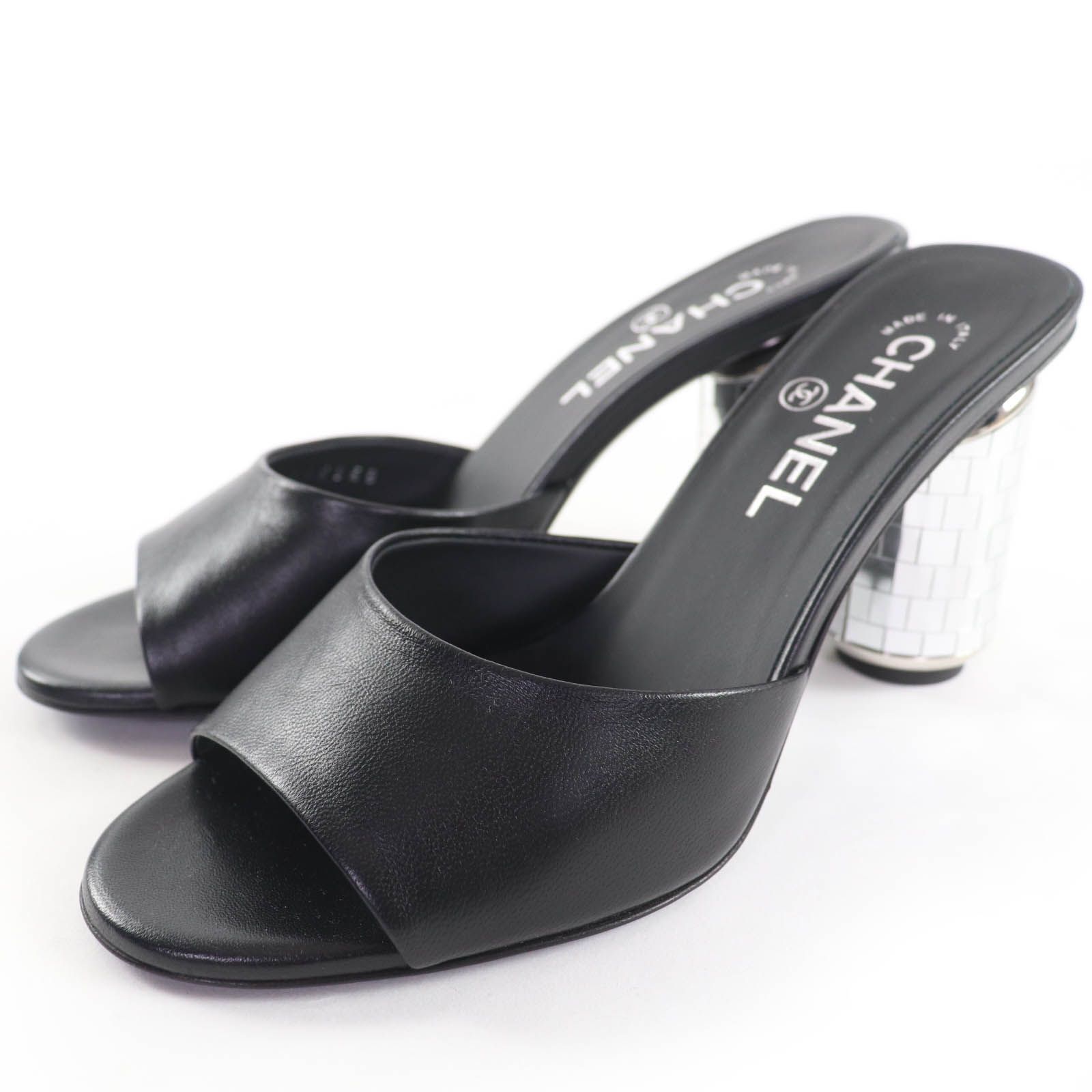 CHANEL シャネル G45358 ココマーク ミラーヒール レザー サンダル ミュール ブラック シルバー 37 箱 保存袋付き イタリア製 レディース
