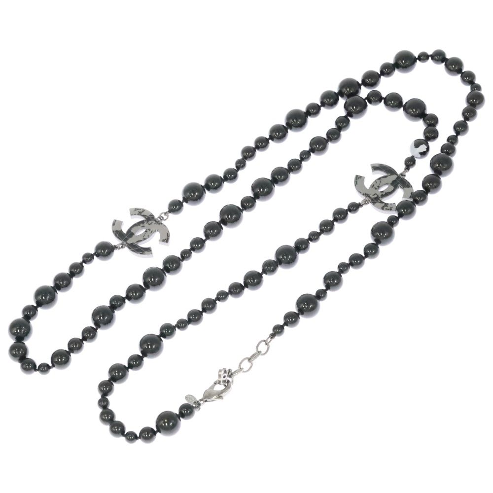 CHANEL シャネル ココマーク ロゴプレート 世界地図 ビーズ ロングネックレス ブラック A13K
