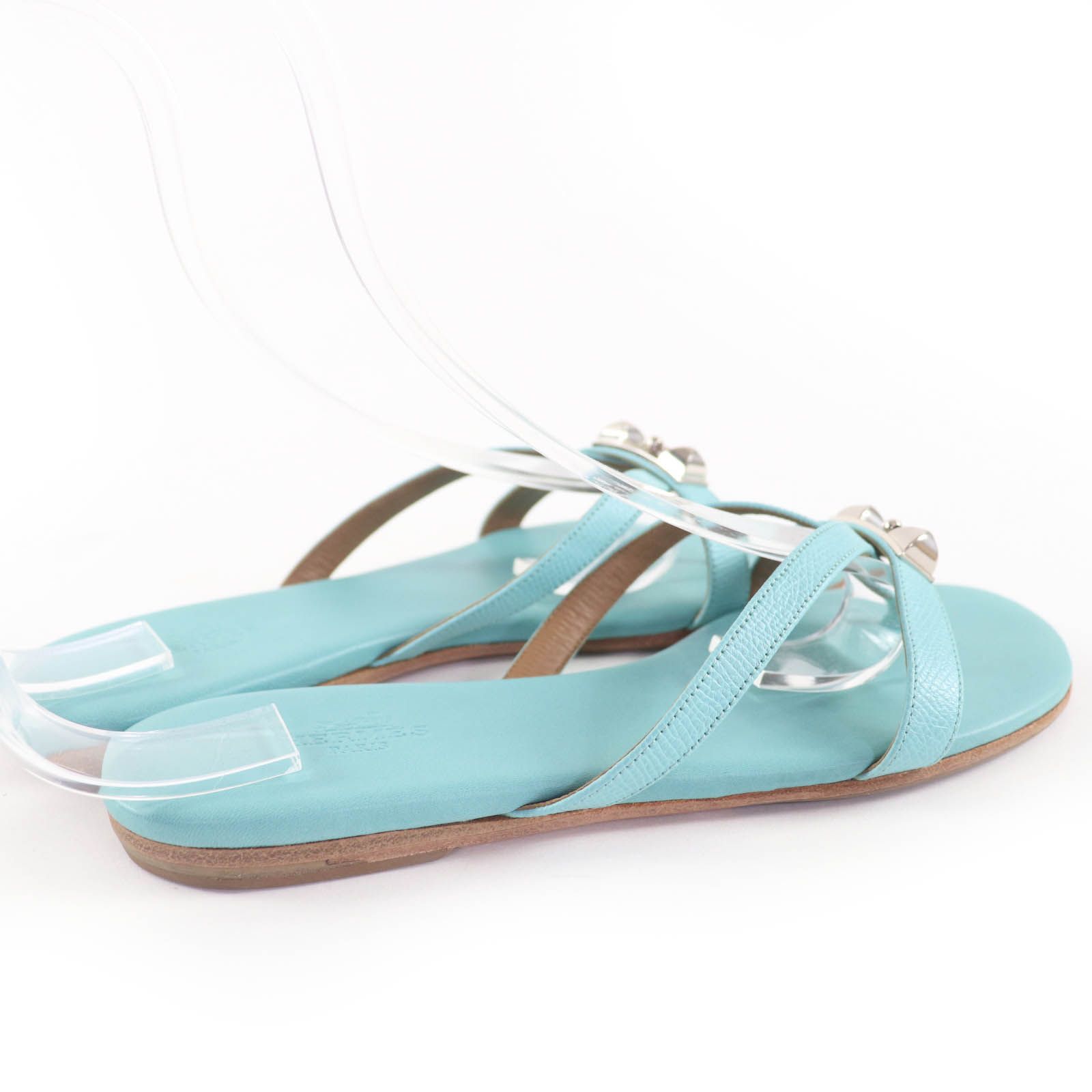 HERMES エルメス シルバー金具 メドール金具 レザー フラット トング サンダル ライトブルー 36 スペイン製 レディース