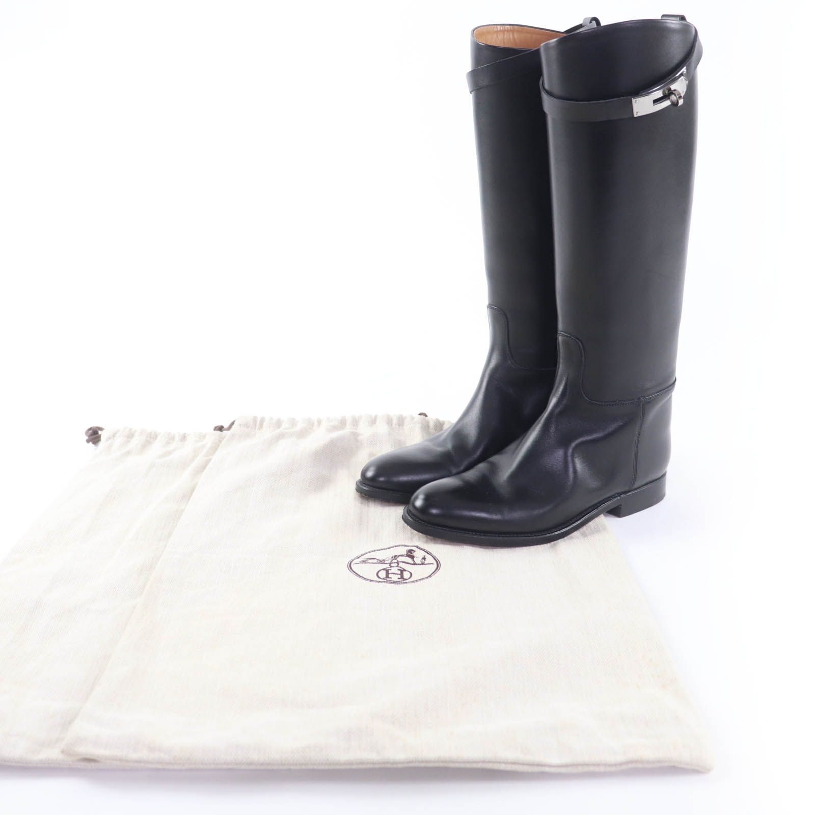 HERMES エルメス シルバー金具 ケリー金具 レザー ジャンピングブーツ ロングブーツ ブラック 36 保存袋付き イタリア製 レディース