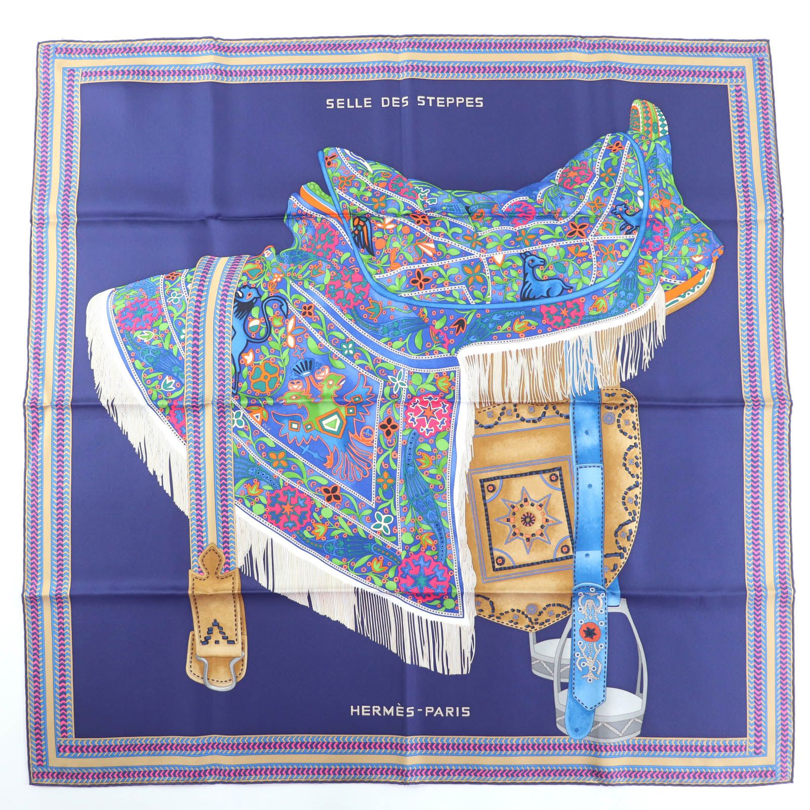 HERMES エルメス カレジェアン カレ90 SELLE DES STEPPES セル デ ステップ シルク100% INDIGO VERT MULTIC スカーフ き フランス製 レディース