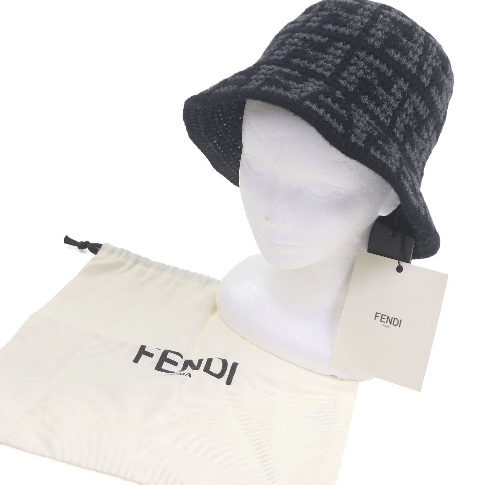 FENDI フェンディ FXQ 958 カシミヤ混 ズッカ FFロゴ 総柄 ニット バケット ハット ブラック グレー 保存袋付き イタリア製 メンズ レディース