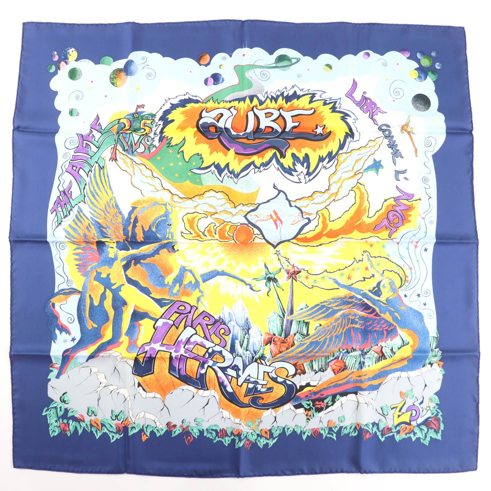 HERMES エルメス カレジェアン カレ90 シルク100％ THE ALFEE AUBE LIBRE COMME L’ANGE 夜明け 25周年記念 スカーフ ネイビー き フランス製 レディース