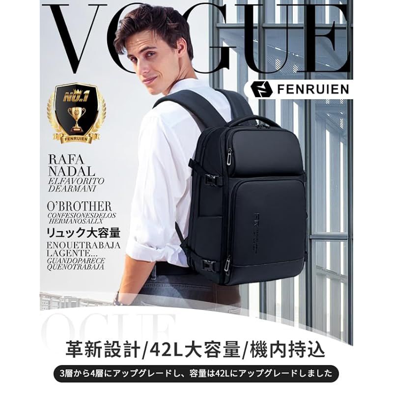 FENRUIEN 2025最新 32-42L 拡張 機内持ち込み手荷物 ハンドラゲッジ トロリーストラップ付き リュック メンズ ビジネスリュック リュックサック大容量 PCラップトップバック 防水 17インチ ビジネスバッグ マチ拡張 USB充電ポー