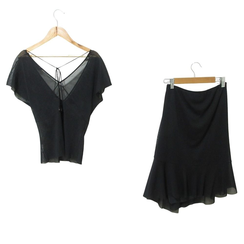 VIVIENNE TAM ヴィヴィアンタム スパンコール ビーズ刺繍 ブラウス 膝丈スカート セットアップ 0 ブラック レディース 古着