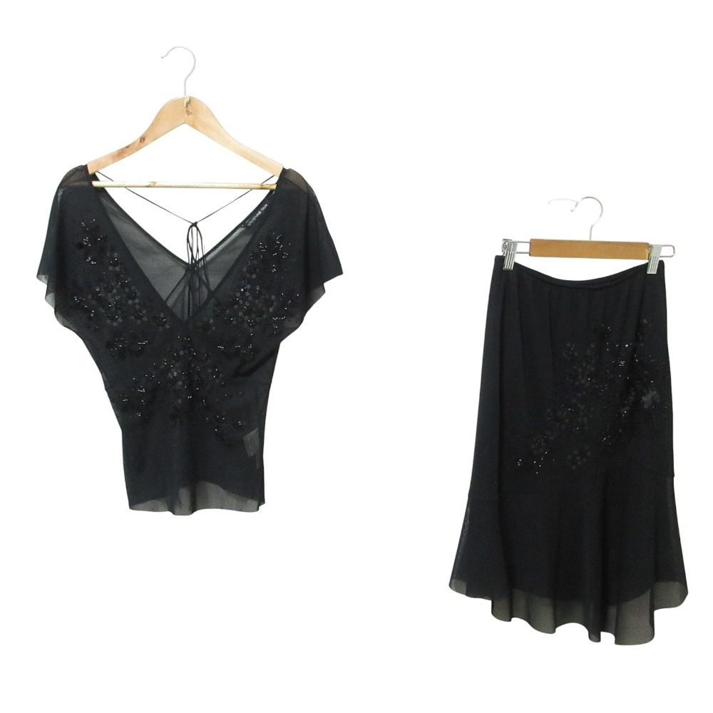 VIVIENNE TAM ヴィヴィアンタム スパンコール ビーズ刺繍 ブラウス 膝丈スカート セットアップ 0 ブラック レディース 古着