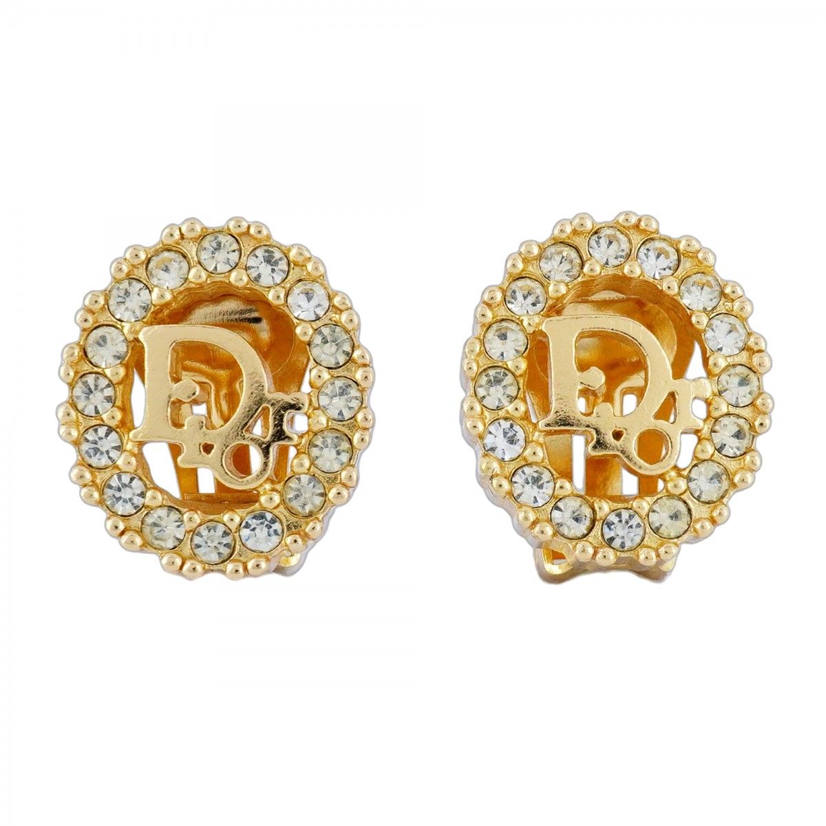 5jmb0595 クリスチャンディオール イヤリング ディオールロゴ オーバル GPメッキ ラインストーン ゴールド レディース