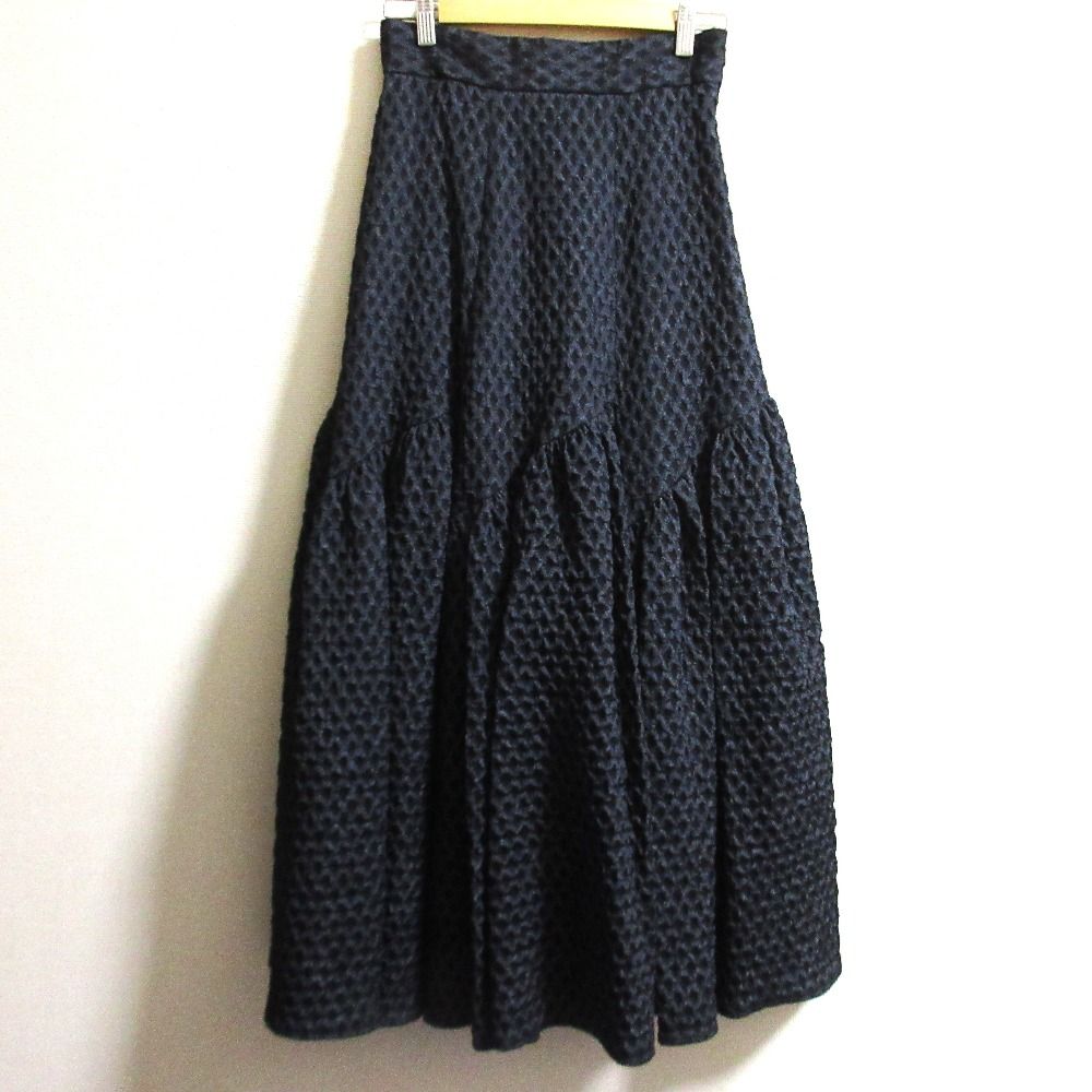24SS sov ソブ ダブル クロージング ふくれジャガード ティアードロングスカート 0302280241 サイズ38 ネイビー レディース 古着