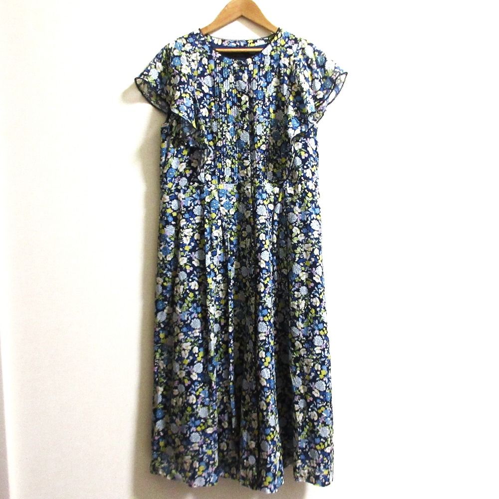 INGEBORG インゲボルグ ボタニカルプリント フリルスリーブロングワンピース サイズ4 ネイビー レディース 古着
