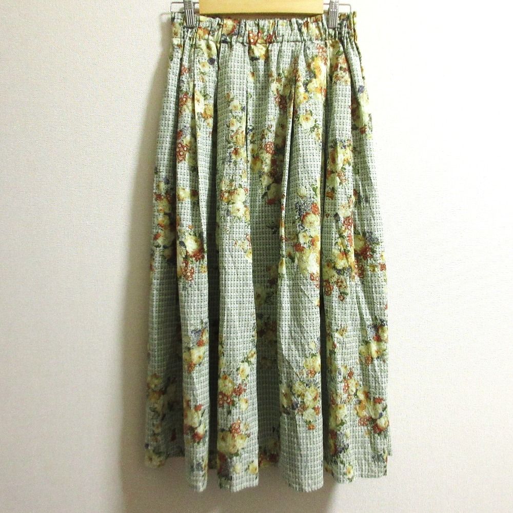 INGEBORG インゲボルグ チェックフラワーpt.タックスカート グリーン レディース 古着