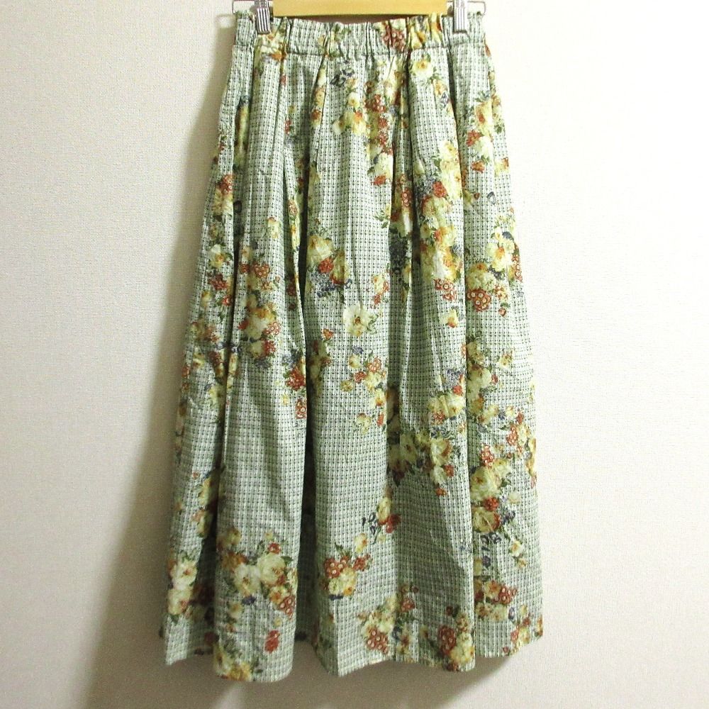 INGEBORG インゲボルグ チェックフラワーpt.タックスカート グリーン レディース 古着 GULLKHAN_COM