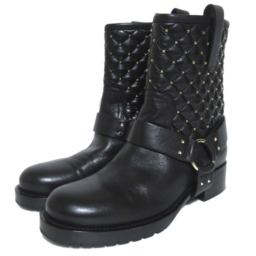 VALENTINO GARAVANI ヴァレンティノガラヴァーニ ロックスタッズ キルティング バイカーブーツ サイズ35 約22cm ブラック レディース 古着
