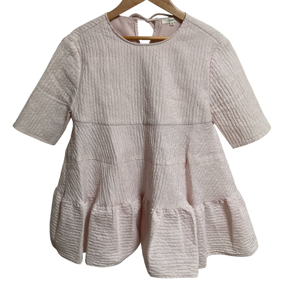 23SS yori ヨリ フクレティアード バックリボン 半袖 ブラウス YR21-23065SM サイズ36 ピンク レディース 古着