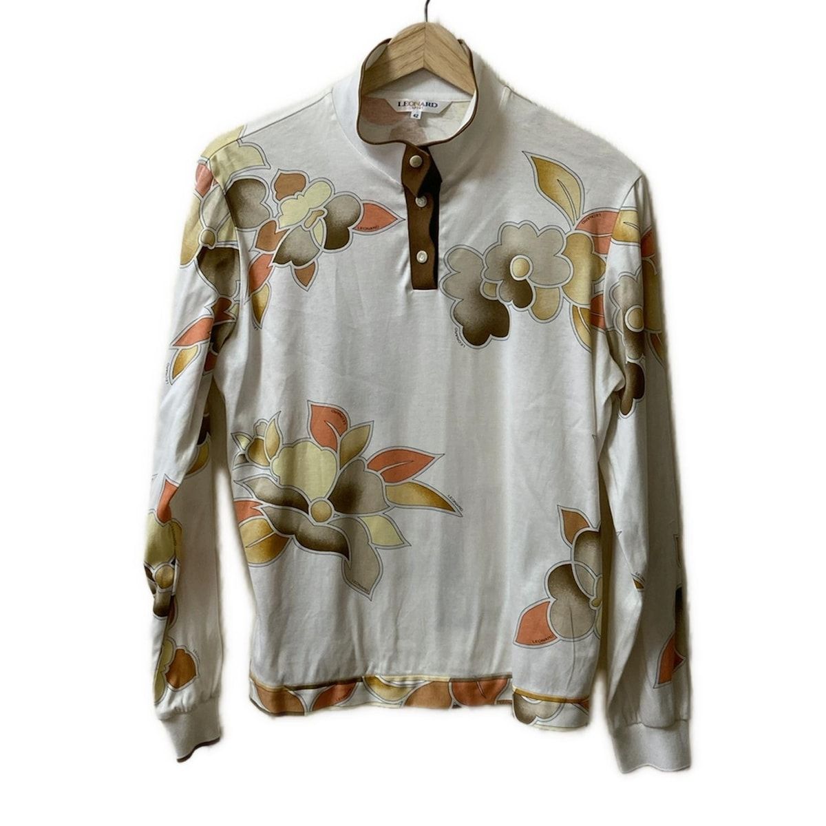 LEONARD SPORT レオナールスポーツ 長袖ポロシャツ サイズ42 L レディース 白 ダークブラウン マルチ 花柄