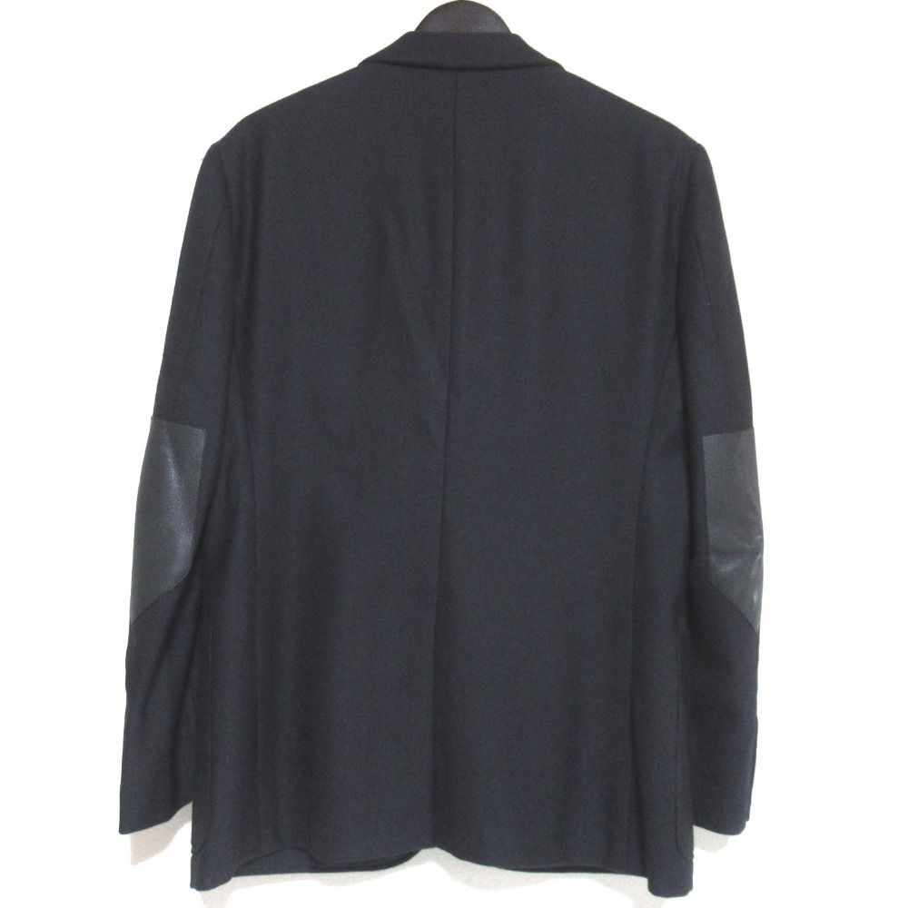 HERMES エルメス SUPER140S レザートリム エルボーパッチ シングル テーラードジャケット サイズ50 ネイビー メンズ 古着