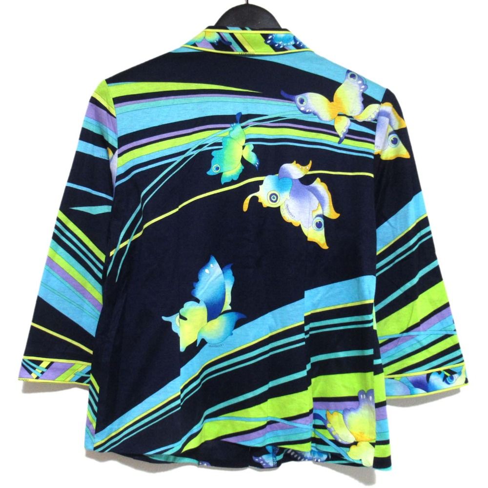 LEONARD FASHION レオナールファッション フラワープリント オープン ブラウス Mサイズ ネイビー系 マルチ レディース 古着