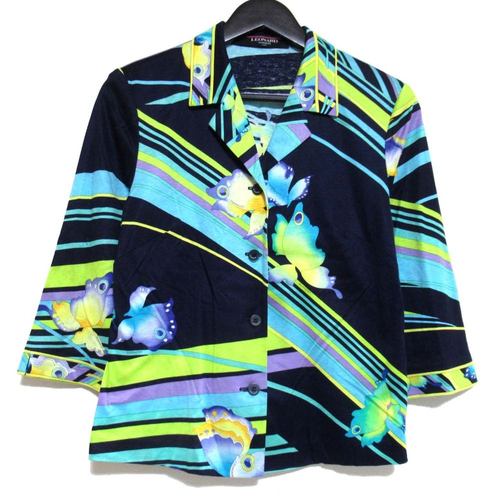 LEONARD FASHION レオナールファッション フラワープリント オープン ブラウス Mサイズ ネイビー系 マルチ レディース 古着