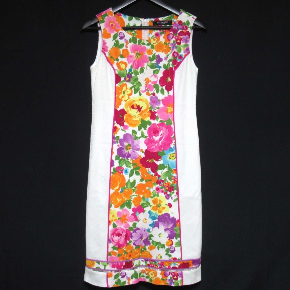 クリーニング済 LEONARD FASHION レオナールファッション フラワープリント ノースリーブ ワンピース サイズ38 ホワイト レディース 古着