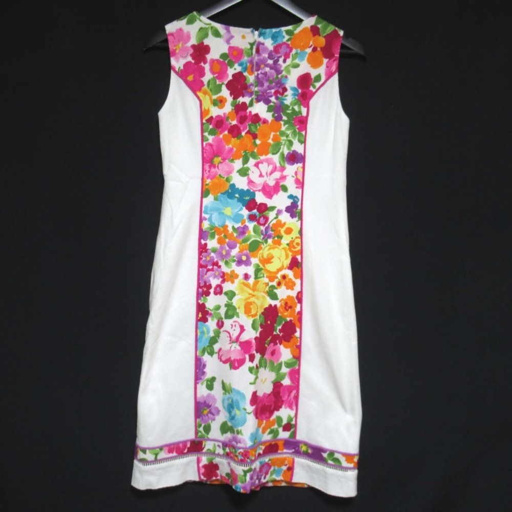クリーニング済 LEONARD FASHION レオナールファッション フラワープリント ノースリーブ ワンピース サイズ38 ホワイト レディース 古着