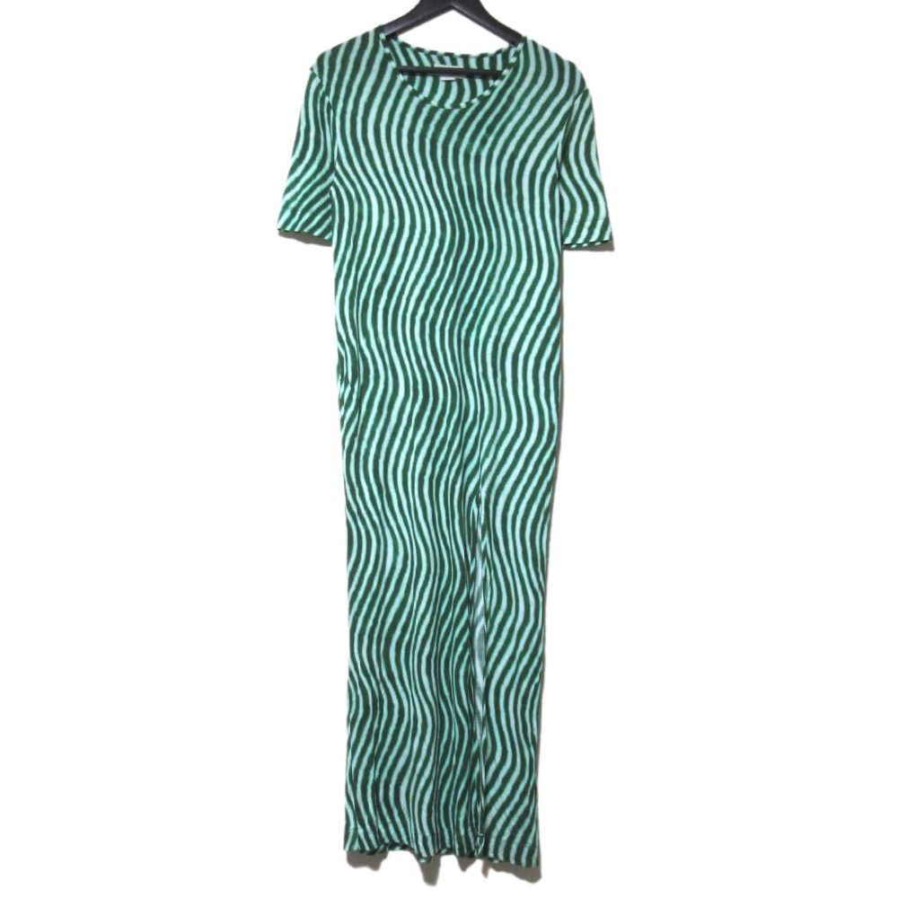 DRIES VAN NOTEN ドリスヴァンノッテン len lye ストライプ柄 半袖 スリット ロングワンピース Sサイズ グリーン レディース 古着