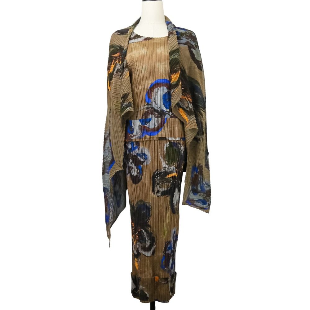 プリーツプリーズ イッセイミヤケ ロングワンピース トップス ショール 3点セット PP61-JK752 PP61-JH755 ブラウン レディース 古着