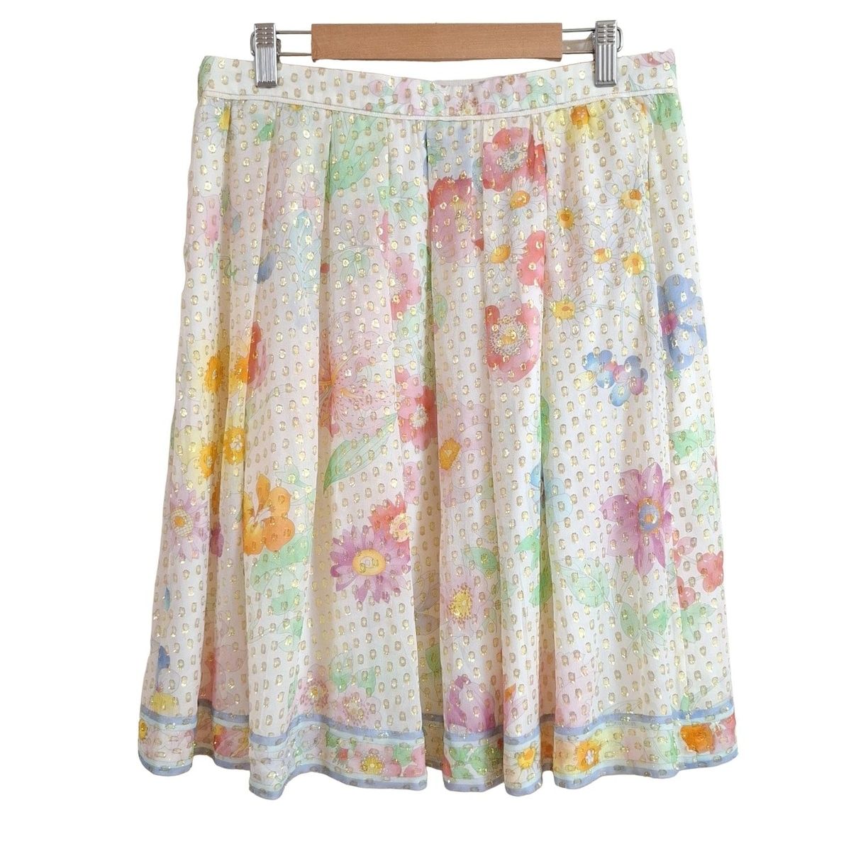 LEONARD レオナール スカート サイズ42 L レディース - アイボリー×ゴールド×マルチ ひざ丈 花柄 ラメ