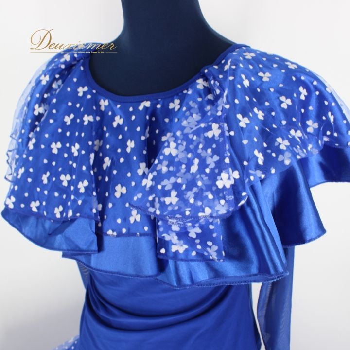 社交ダンス 衣装 上下セット ツーピース レッスンウェア パーティ衣装 女性用 レディース オールシーズン 青 白 ブルー系 ホワイト系 ICHIOKU イチオク フラワー柄 ストレッチ性 ダンスウェア おしゃれ 踊りやすい 優雅