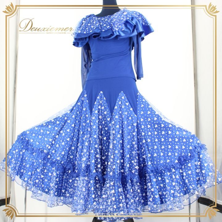 社交ダンス 衣装 上下セット ツーピース レッスンウェア パーティ衣装 女性用 レディース オールシーズン 青 白 ブルー系 ホワイト系 ICHIOKU イチオク フラワー柄 ストレッチ性 ダンスウェア おしゃれ 踊りやすい 優雅