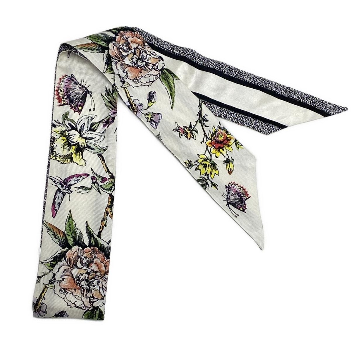 DIOR ChristianDior ディオール クリスチャンディオール スカーフ - 黒×アイボリー×マルチ リボンスカーフ 花柄