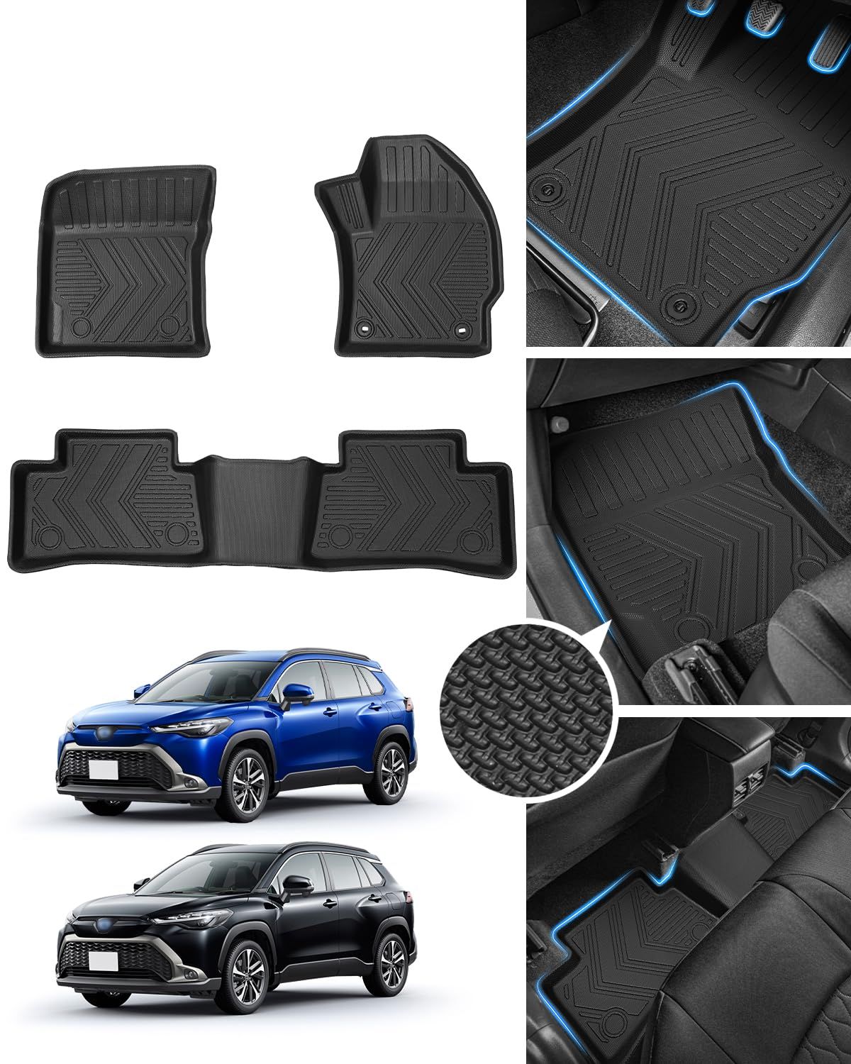 トヨタ カローラクロス 10系フロアマット3D立体 カローラクロスフロアマット10系 2WD TOYOTA COROLA CROSS 10 カーマット前席- 2列目車種 設計 2021年9月～現行 カスタムパーツ 純正交換 TPE素材 特殊な