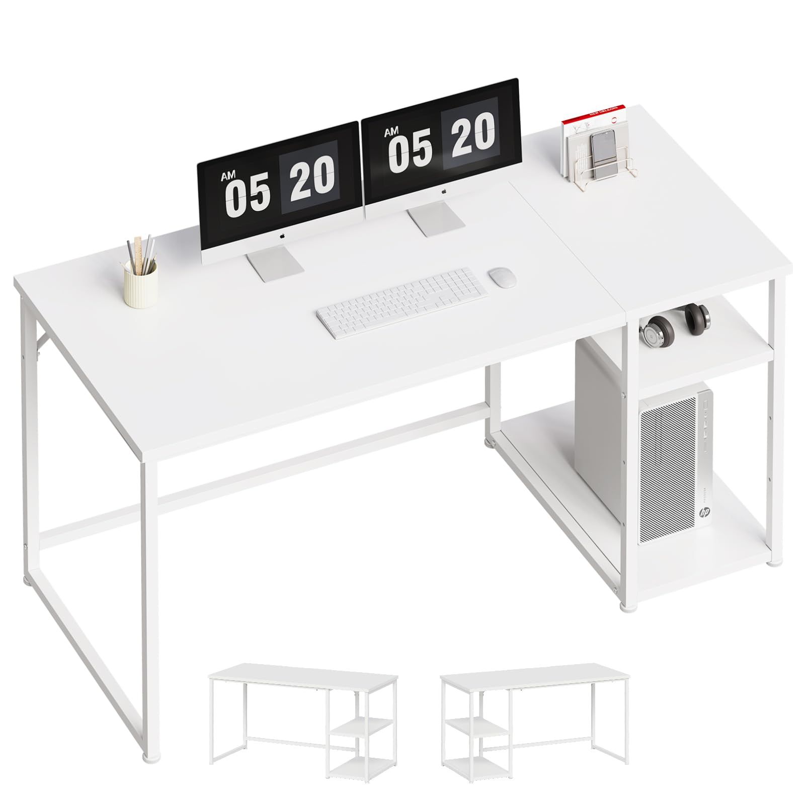 Maihail パソコンデスク pcデスク 机 白 カウンター テーブル スタンディングデスク 勉強机 家具 パソコンラック table 学習机 収納 幅140 奥行60cm 白い SZ123BS スチールウッド簡易棚付きデスク ホワイト