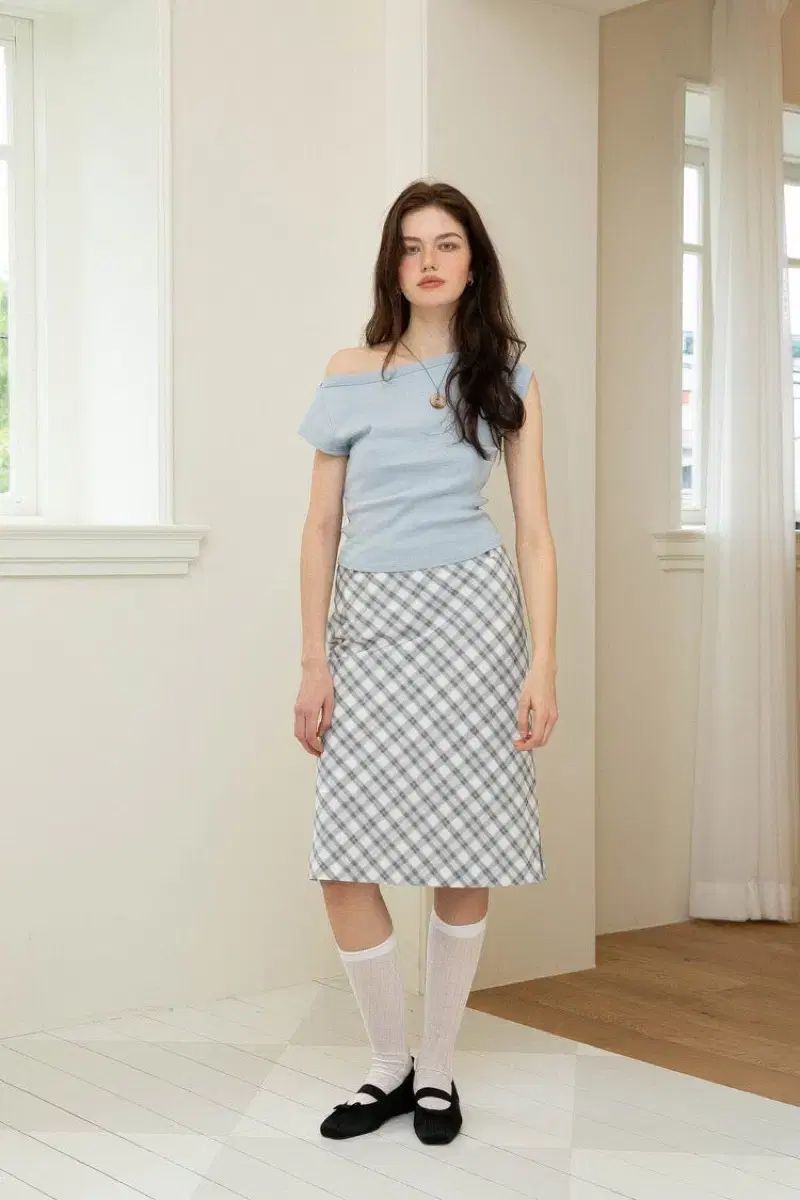 ディマンシュ チェック ロングスカート ソフト グレー