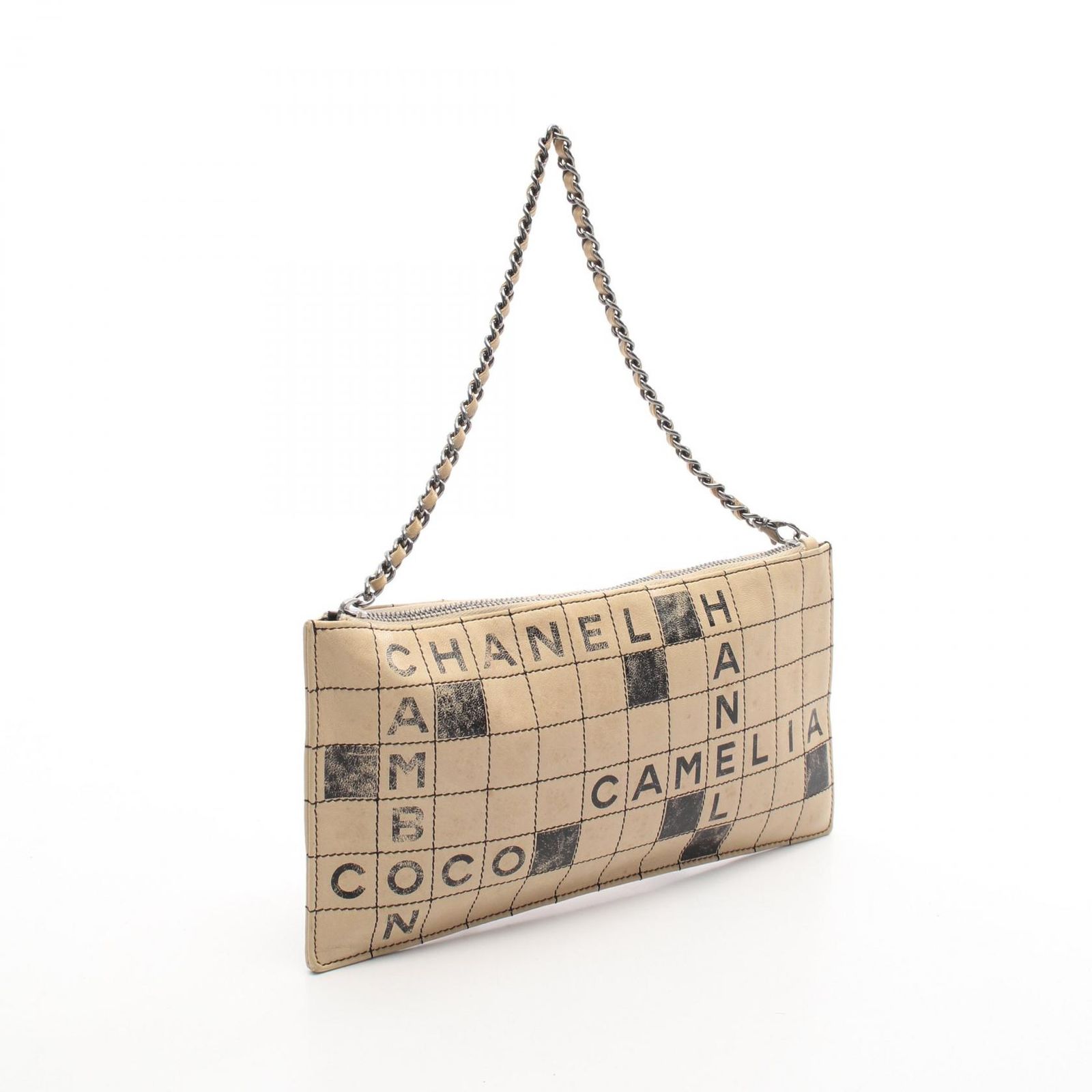 シャネル CHANEL ハンドバッグ クロスワード ベージュ ブラック ラムスキン 羊革 カメリア クロスワード クラッチバッグ レディース Used B