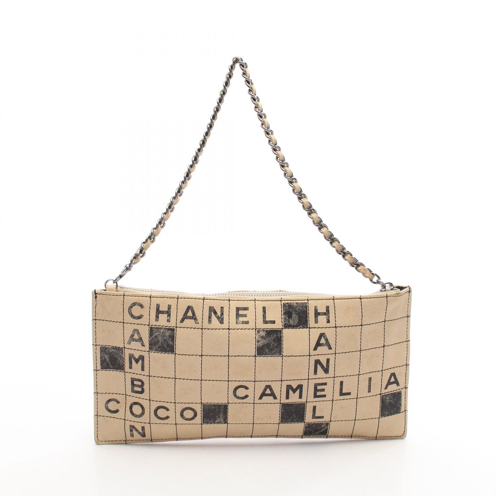 今すぐ一括検索！ シャネル CHANEL ハンドバッグ クロスワード ベージュ ブラック ラムスキン 羊革 カメリア クロスワード クラッチバッグ レディース Used B