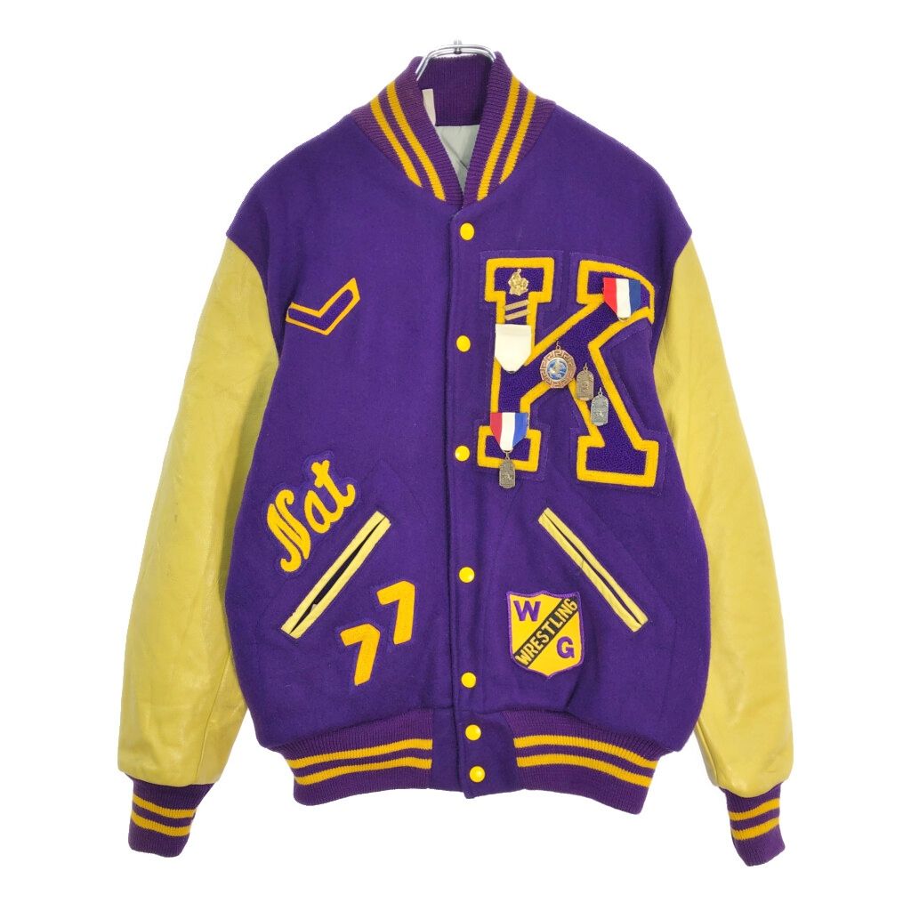 70年代 LASLEY KNITTING ヴァーシティジャケット スタジアムジャケット ヴィンテージ カレッジ パープル メンズ 40 古着 V6820