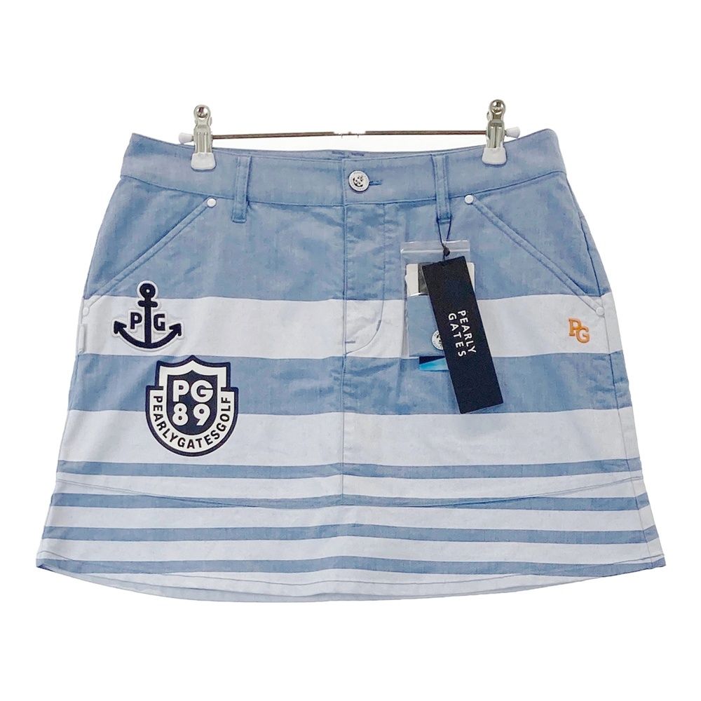 サイズ 2 PEARLY GATES パーリーゲイツ 055-1134514 リネン混 スカート プリント ボーダー柄 ブルー系 240101475300 ゴルフウェア レディース ストスト
