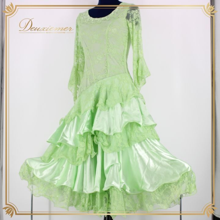 社交ダンス 衣装 ドレス ワンピース パーティ衣装 女性用 レディース オールシーズン 黄緑 ICHIOKU イチオク ライトグリーン系 フリル 花柄 レース フェミニン ショートドレス モダンダンス ラインストーン 丸首 ディスコ