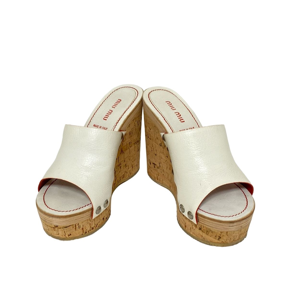 miumiu ミュウミュウ ミュール 361 2 レディース - 白×ベージュ ウェッジソール レザー