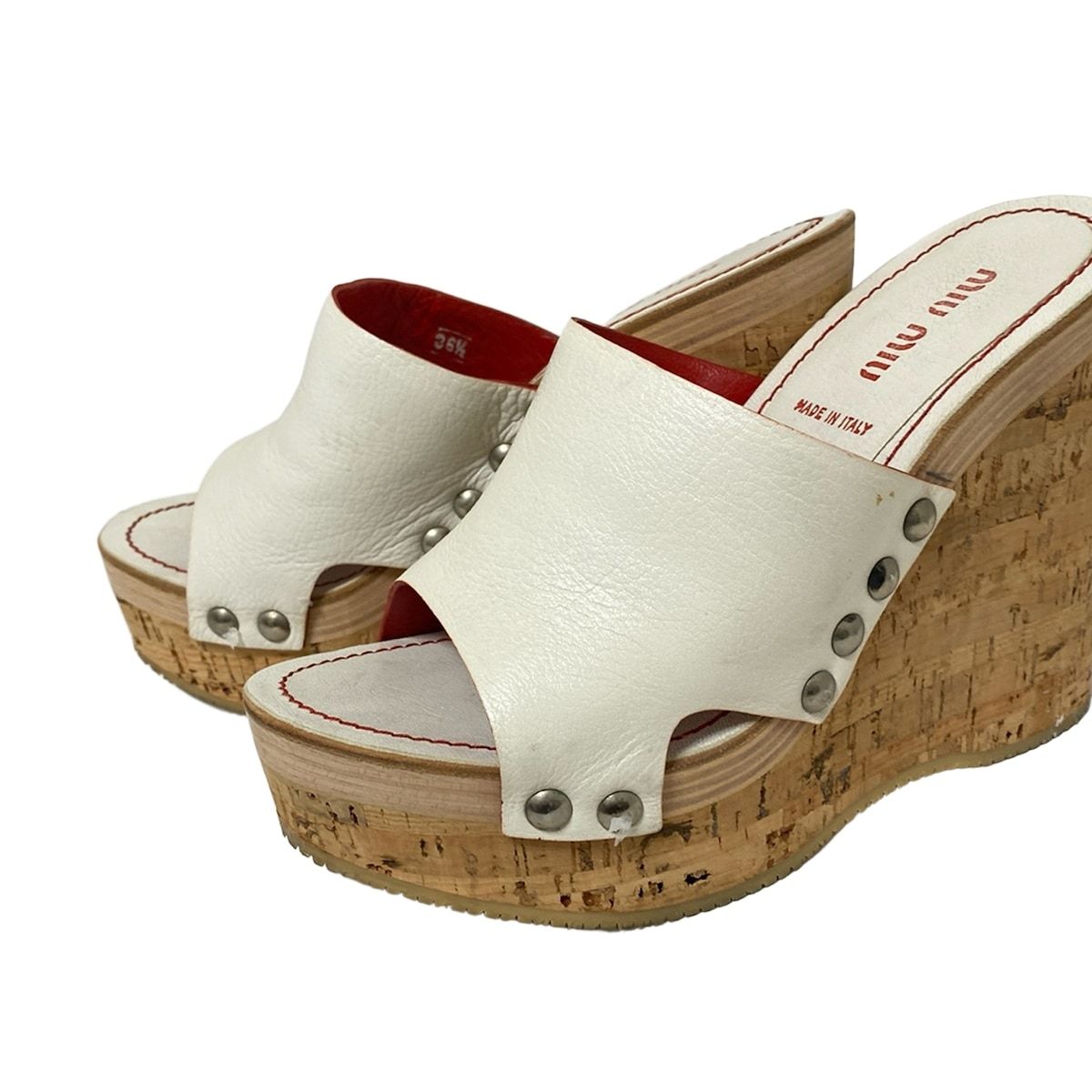  miumiu ミュウミュウ ミュール 361 2 レディース - 白×ベージュ ウェッジソール レザー ミュール サンダル ミュール