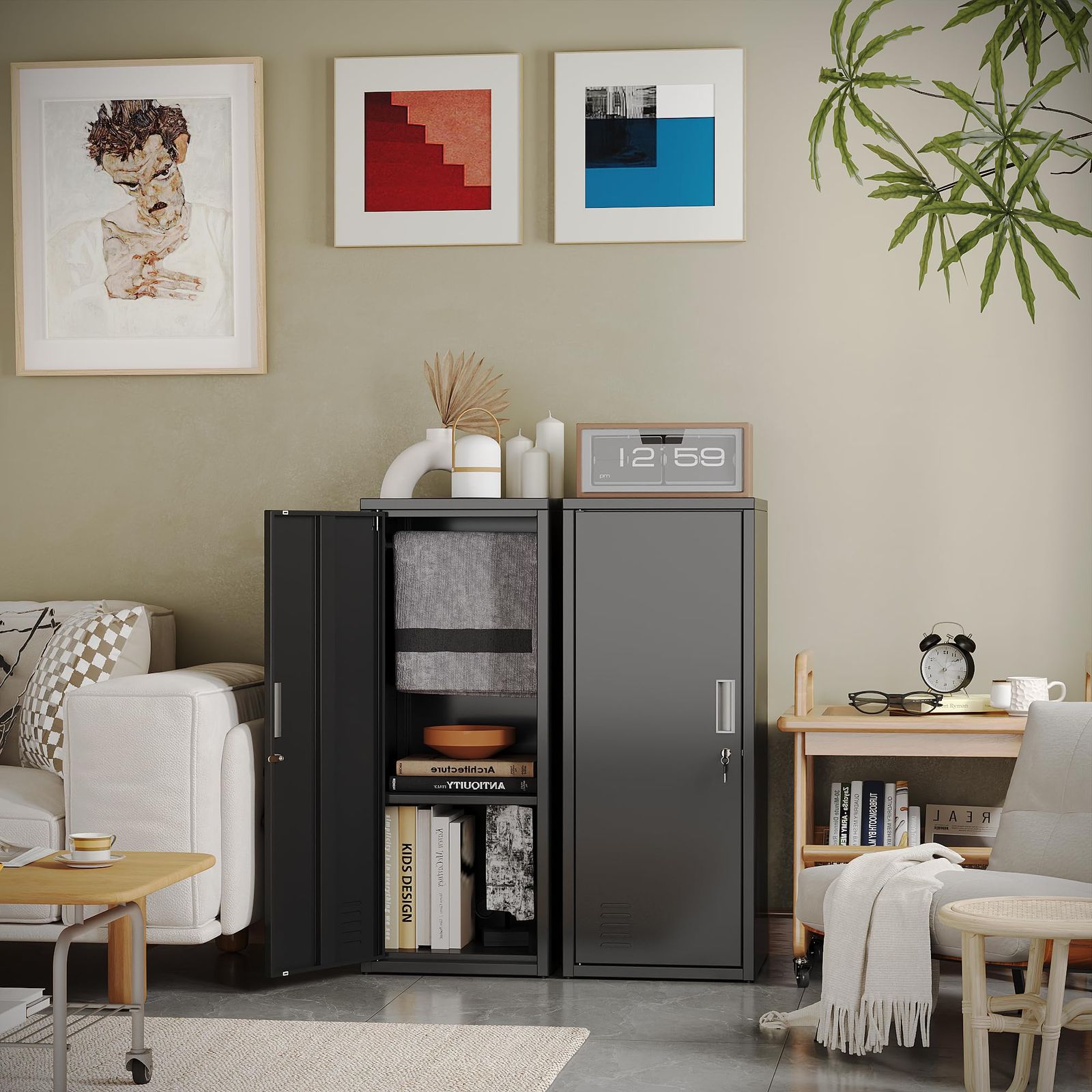 GangMei スチールロッカー 鍵付きキャビネット 1人用ロッカー クローゼット ルーター おもちゃ 衣類 服 本棚 書庫 雑誌 シンプル スリム 子供部屋 一人暮らし 配線保護力バ一付き マグネット付き 要組立 ブラック